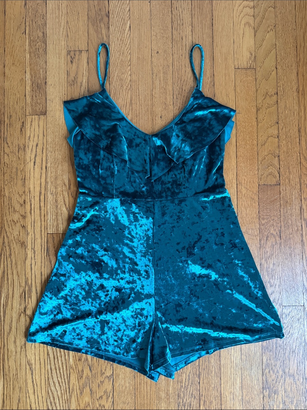 Crushed Velvet Teal Ruffle Romper with Spaghetti Straps
